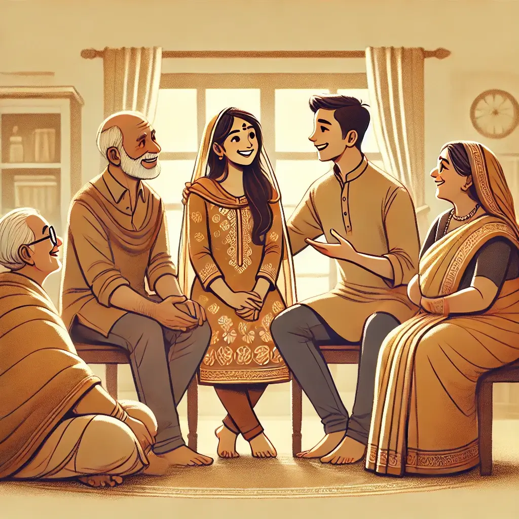 इन-लॉज के साथ अच्छे रिश्ते दर्शाती एक सुखद भारतीय पारिवारिक छवि, जिसमें ससुराल और दंपति के बीच प्रेमपूर्ण और सौहार्दपूर्ण संबंध झलक रहा है।
